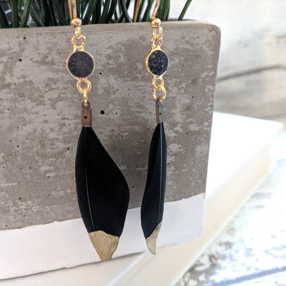 Black and gold dipped feather earrings handmade